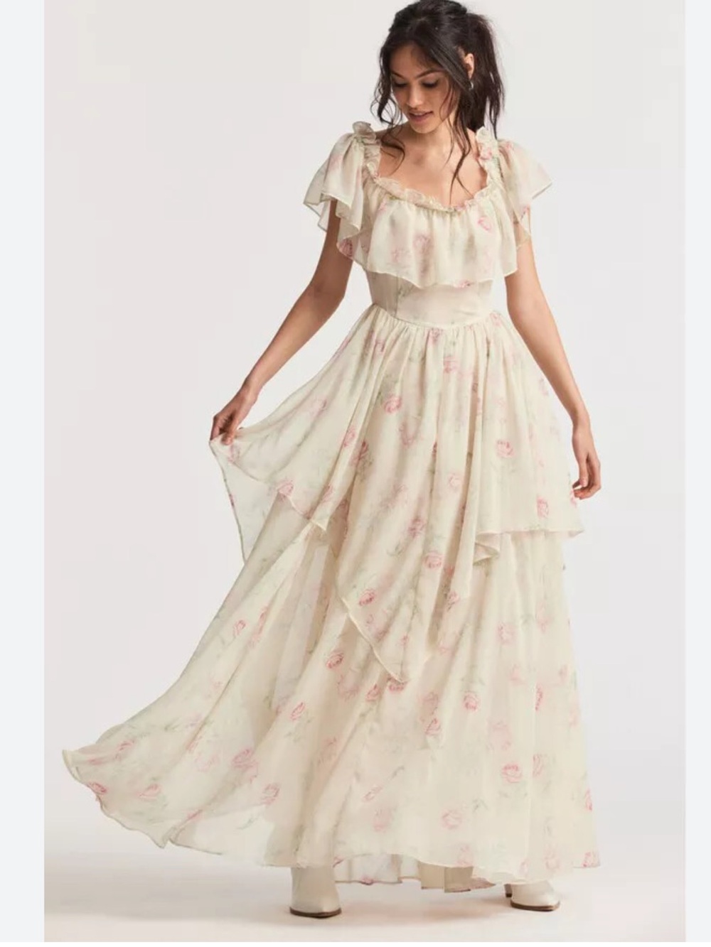 $645 LoveShackFancy Noni Off Shoulder Tiered Maxi Dress Magnolia Tea size 12